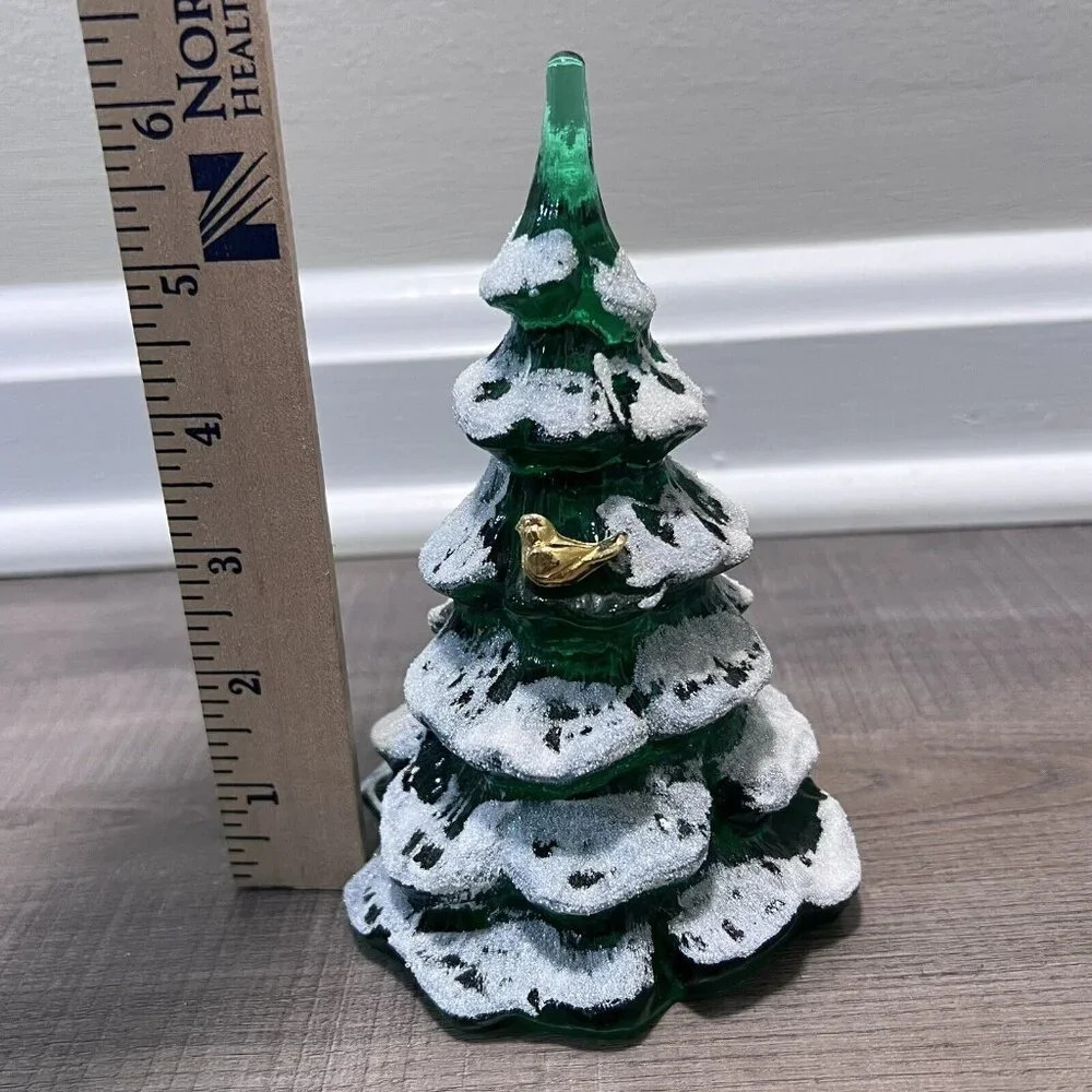 Fenton Art Glass Christmas Tree Figurine Green Frosted Gold Bird Set Of 3 VTG - Picture 14 of 14